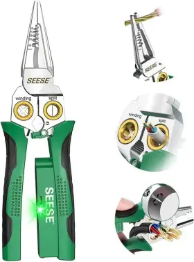 Seese 797606918302 8-in-1 Wire Stripper For Electrician Needle Nose Pliers With Voltage Green